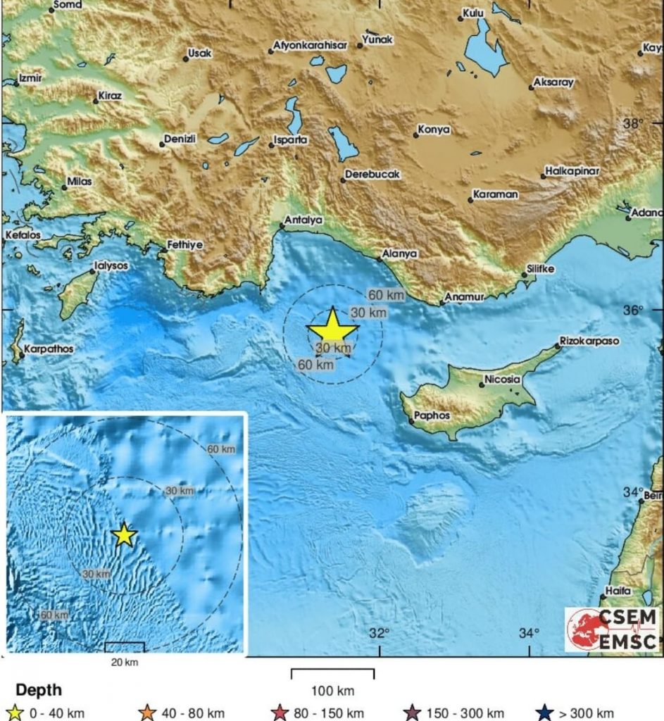 Antalya ile Kıbrıs arasında, denizde 5.5 büyüklüğünde deprem